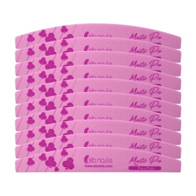 Dez limas de unhas rosa com texto roxo e logo sb nails