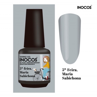Verniz gel INOCOS 5ª-Feira, Maria Sabichona com amostra de cor cinza claro