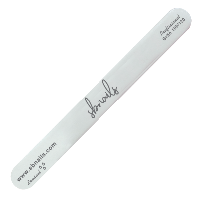 Lima de unhas branca com texto impresso da marca sbnails.