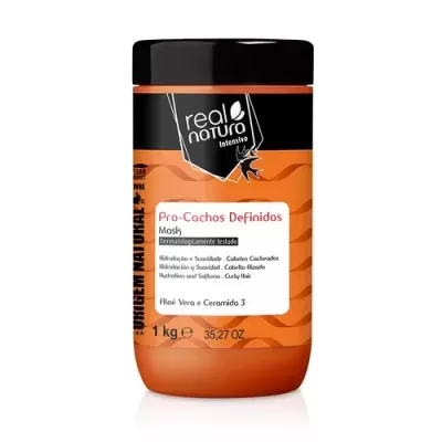 Máscara capilar Real Natura Pro-Cachos Definidos em frasco laranja e preto