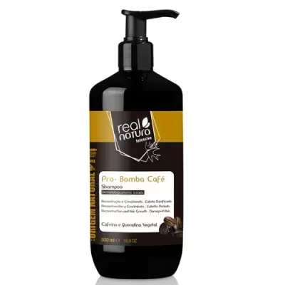 Frasco preto de shampoo Real Natura Pro-Bomba Café com dispensador e rótulo amarelo e preto