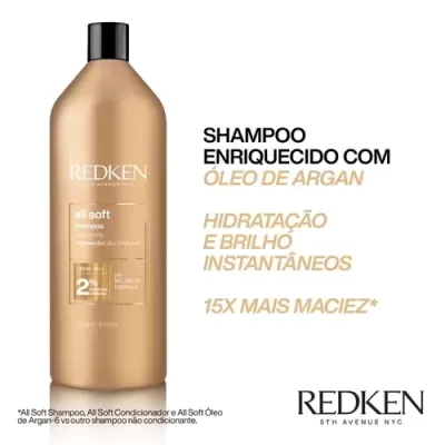Garrafa dourada de shampoo Redken All Soft com texto promocional de óleo de argan