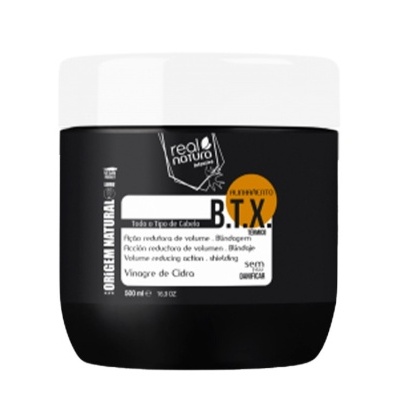 Pote preto com tampa branca contendo produto capilar Real Natura B.T.X Alisamento Térmico