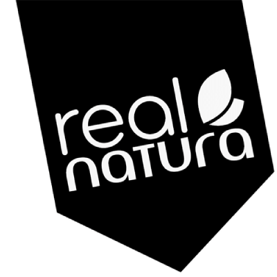 Etiqueta preta com texto branco real natura e símbolo de folha