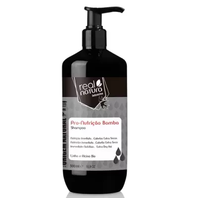 Frasco preto com doseador de shampoo Real Natura Intensivo Pro-Nutrição Bomba