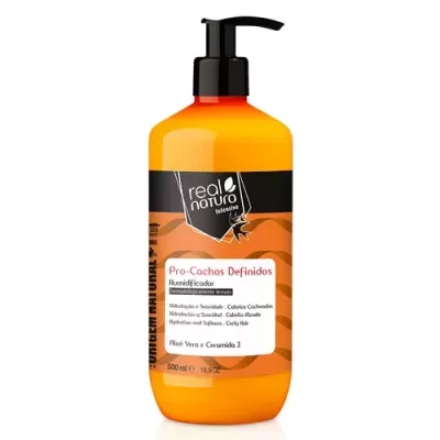 Frasco laranja de hidratante capilar Real Natura Intensivo Pro-Cachos Definidos