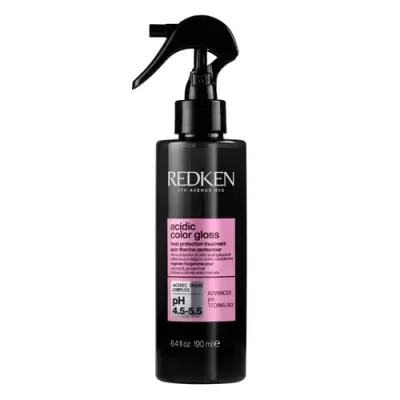 Frasco de spray preto com rótulo cor-de-rosa com texto Redken acidic color gloss