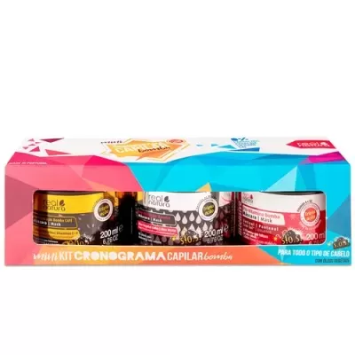 Kit mini cronograma capilar bomba composto por três máscaras em potes coloridos e embalagem colorida.