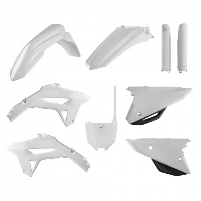 Conjunto de peças plásticas brancas para moto em fundo branco