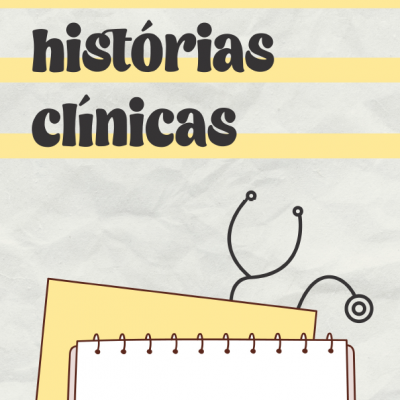 Capa de bloco de histórias clínicas com texto e ilustração de estetoscópio
