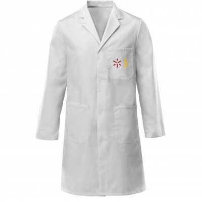 Casaco de laboratório branco com bolsos e logotipo no peito