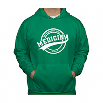Camisola verde com capuz e estampa branca de medicina