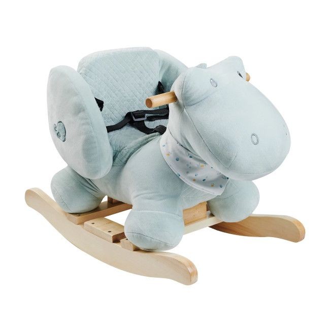 Cavalinho de baloiço azul claro com base de madeira