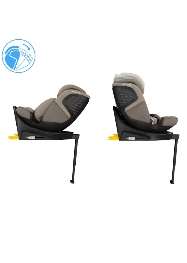 Duas cadeiras de bebé para carro cinzento-bege e cinzento-escuro da Maxi-Cosi com base preta e pé de suporte ajustável, em duas posições inclinadas.