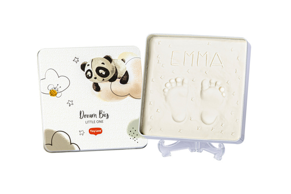 Objetos quadrados para bebé com tema de panda e pegadas em branco