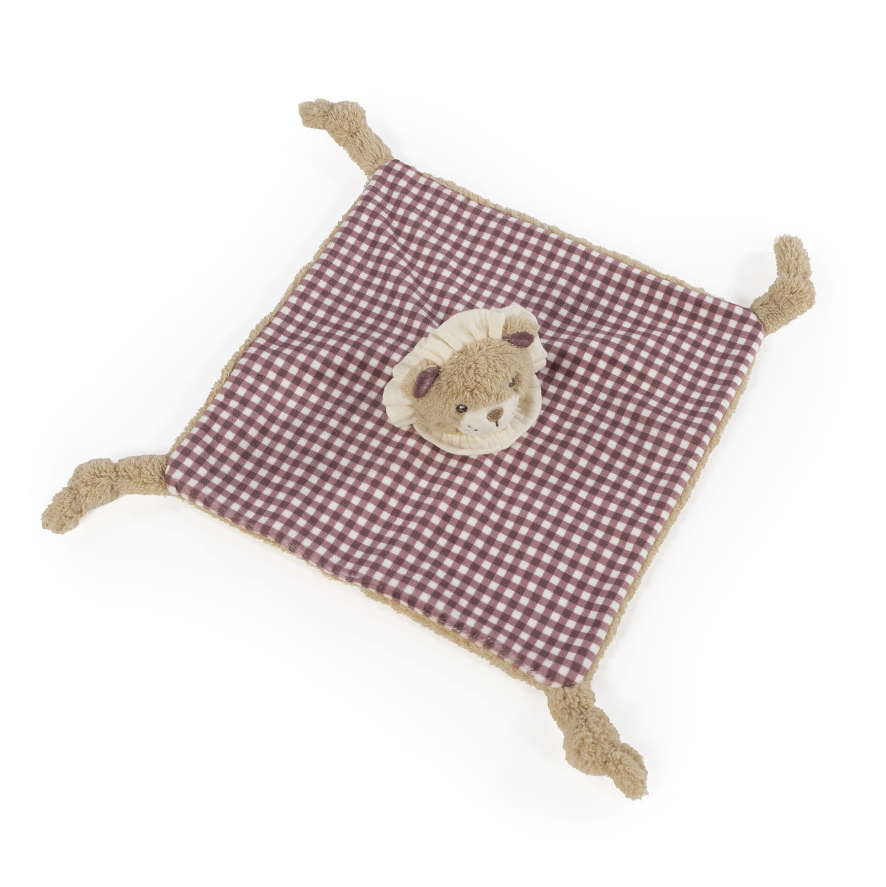 Cobertor xadrez castanho com cabeça de leão de pelúcia no centro