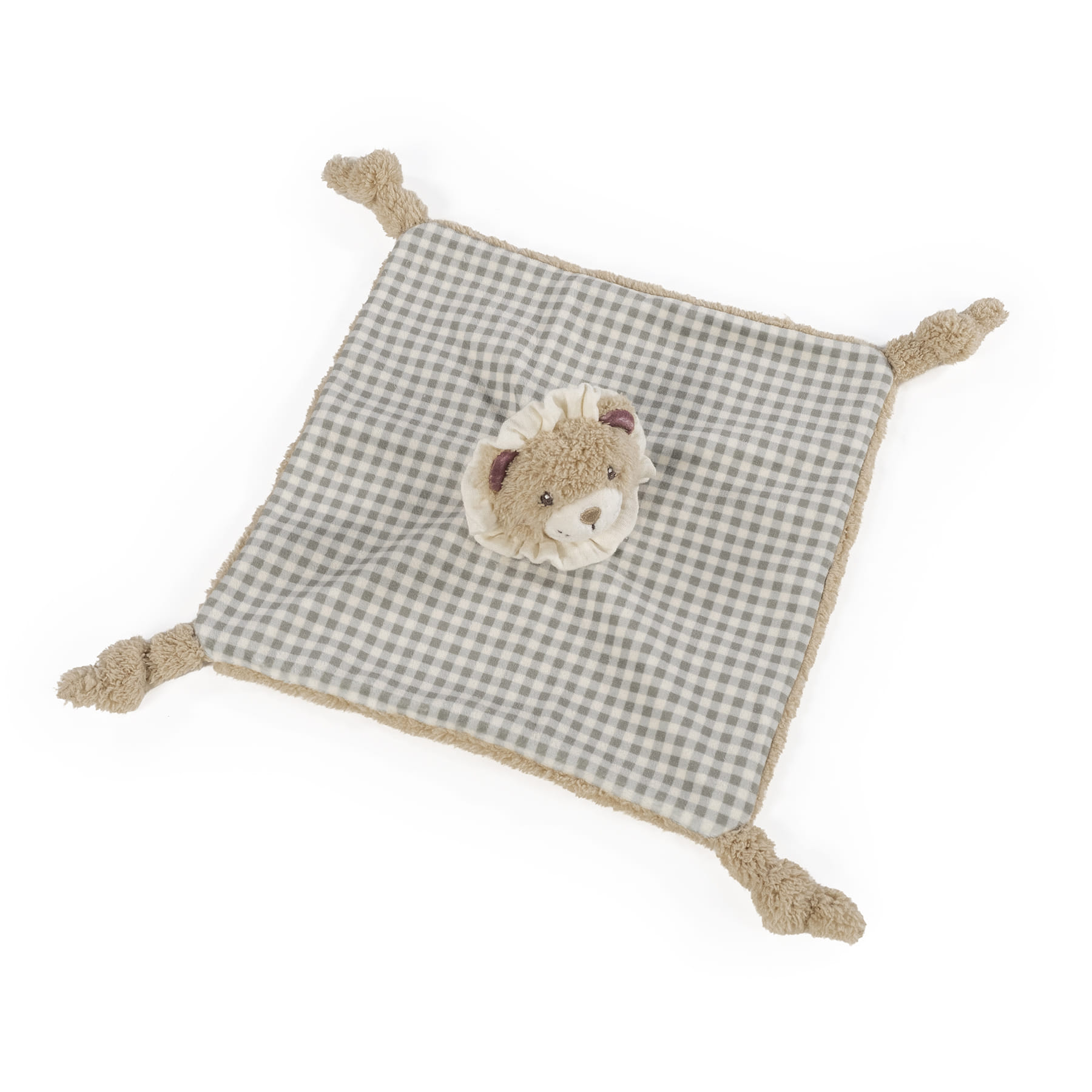 Manta com padrão xadrez cinza e branco com cabeça de ursinho de pelúcia no centro e nós nas pontas