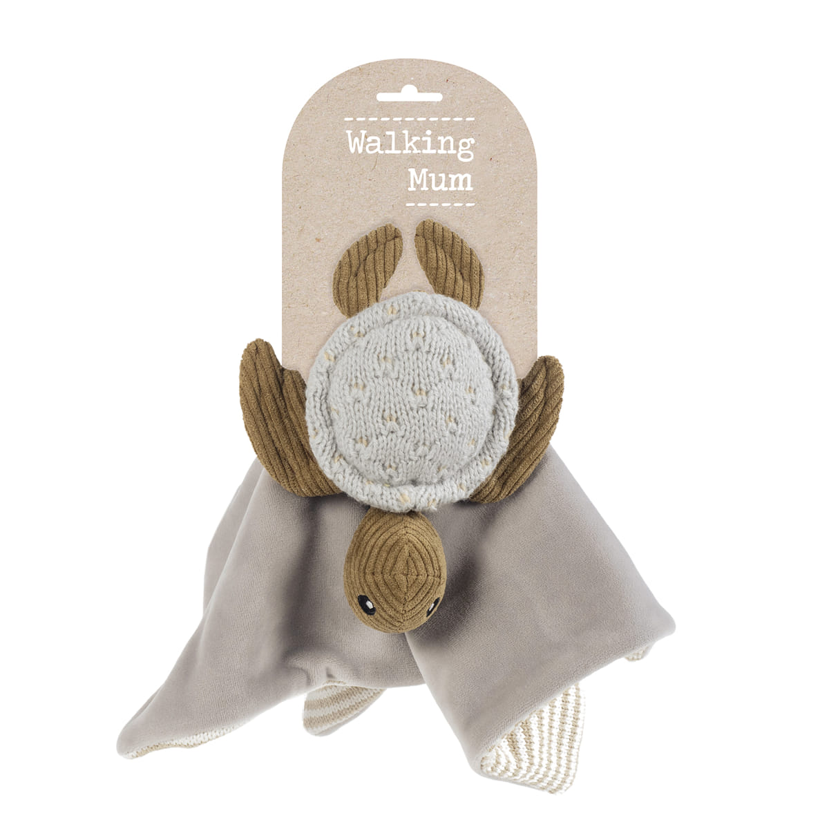 Brinquedo bebé peluche tartaruga cinzento e castanho com etiqueta 'Walking Mum'
