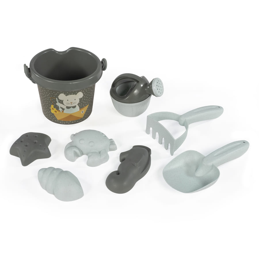 Conjunto de brinquedos para areia com balde castanho e acessórios cinza