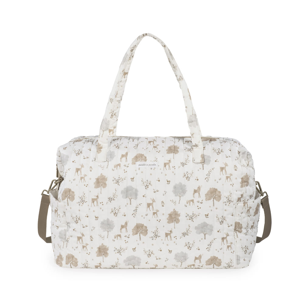 Mala de viagem branca com padrão de animais e árvores em bege, castanho e cinza