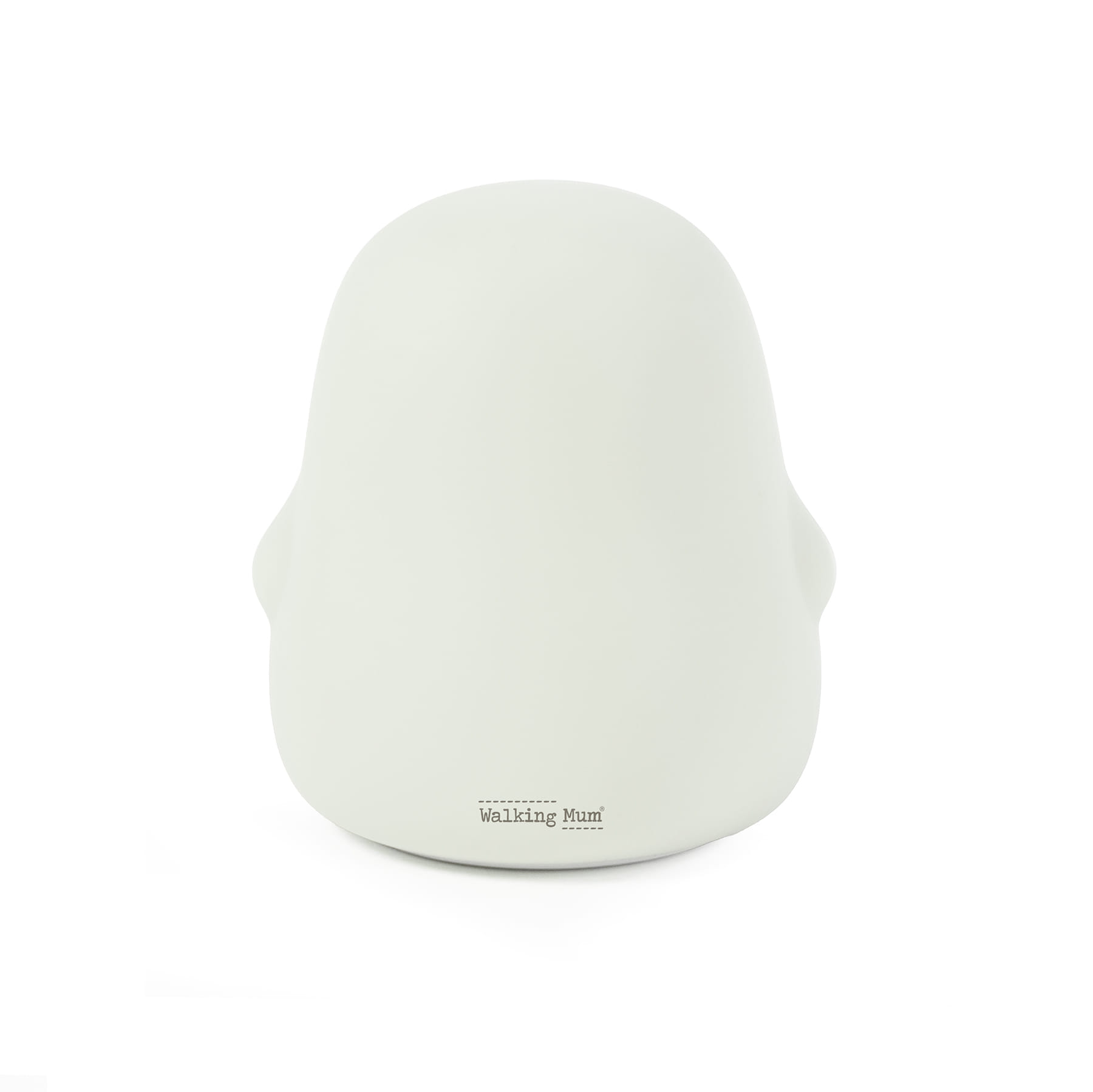 Produto branco em forma de cabeça com logo Walking Mum