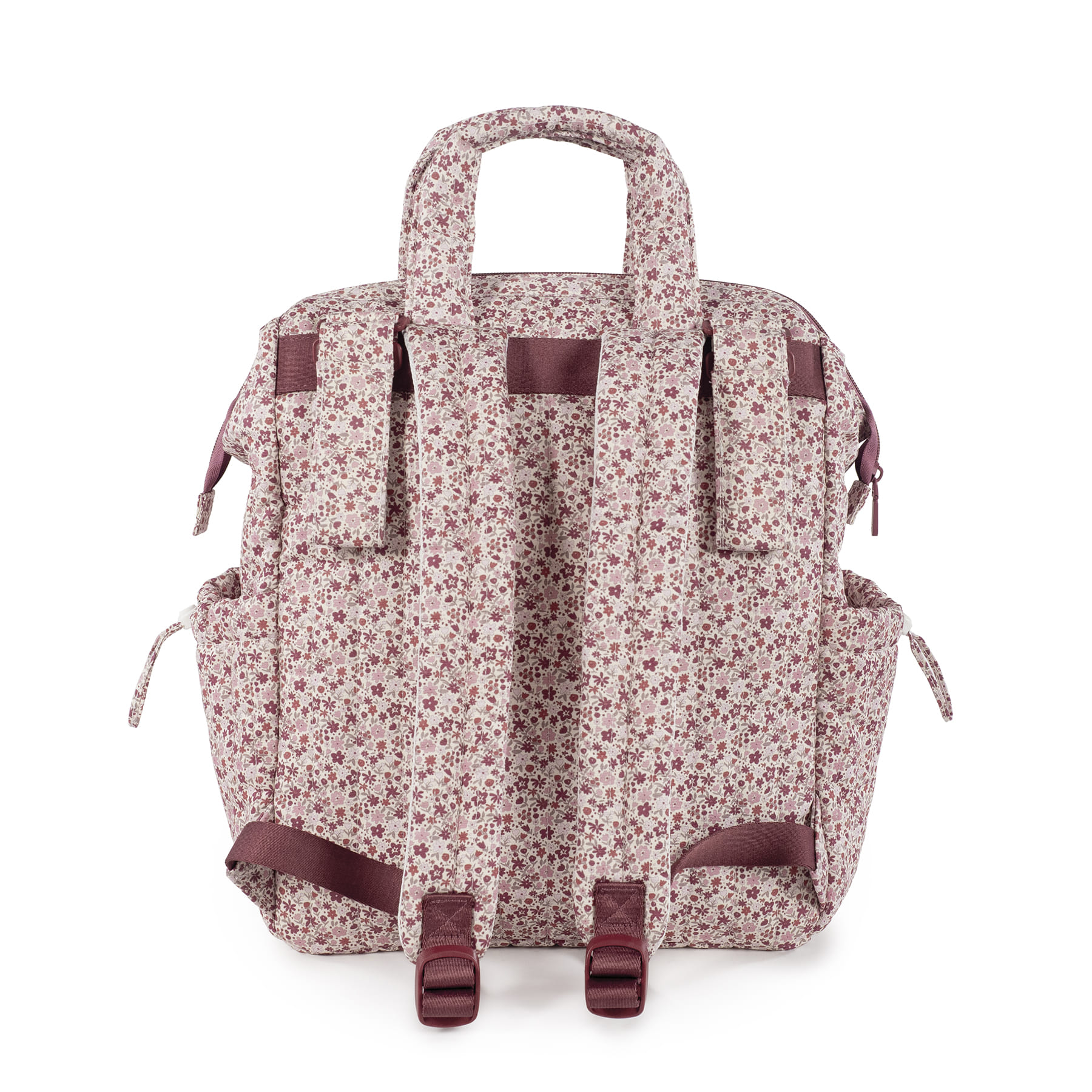 Mochila floral rosa e castanho vista por trás com alças acolchoadas