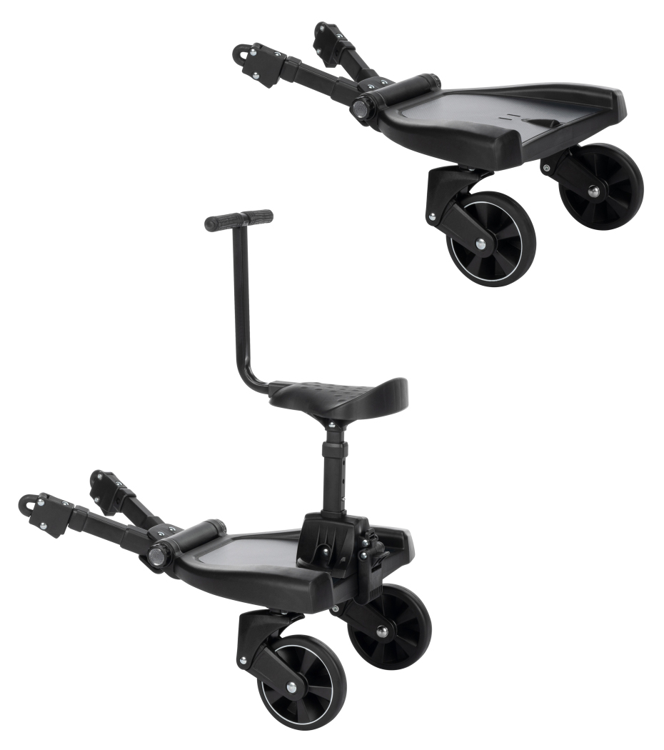 Plataformas de transporte para crianças pretas com rodas e estrutura metálica