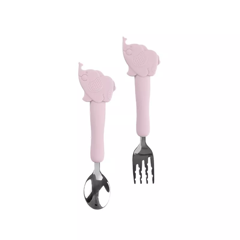 Conjunto de colher e garfo infantis com cabos rosa e figuras de elefante
