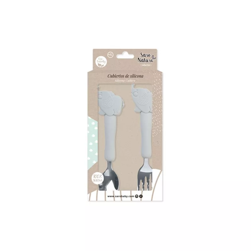 Conjunto de 2 talheres infantis com cabo de silicone cinzento em forma de peixe