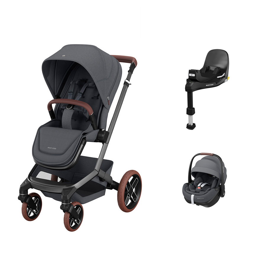 Carrinho de bebé cinzento com banco de carro e base de fixação