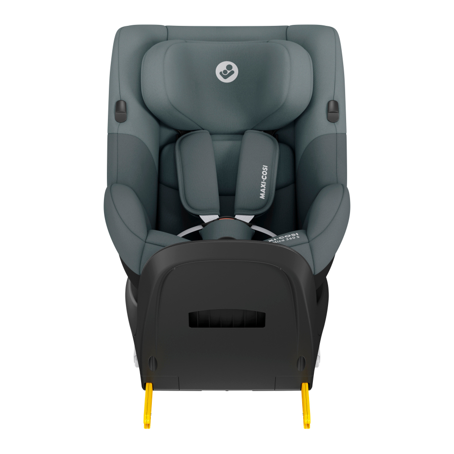 Cadeira auto infantil azul esverdeada acolchoada com arnês e base preta com conectores amarelos