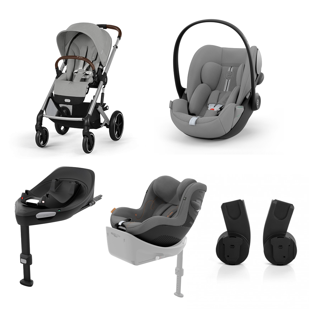 Conjunto de carrinho e cadeira auto cinza para bebé com base e adaptadores pretos