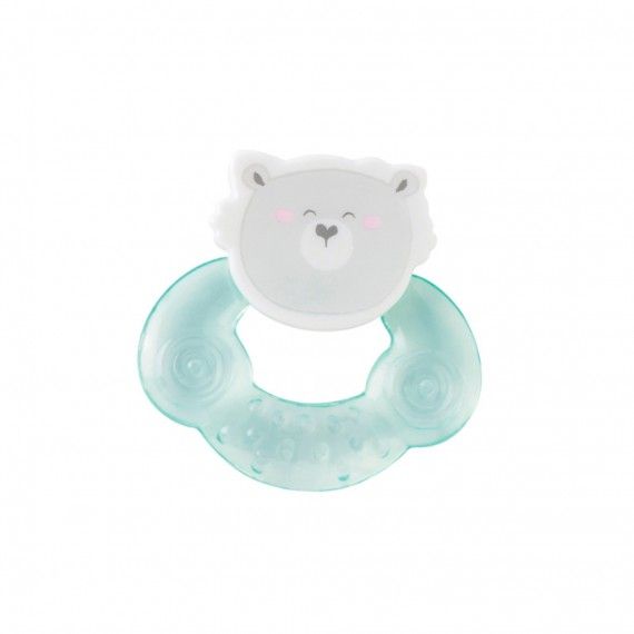Mordedor de bebé azul com cabeça de urso branco e cinzento