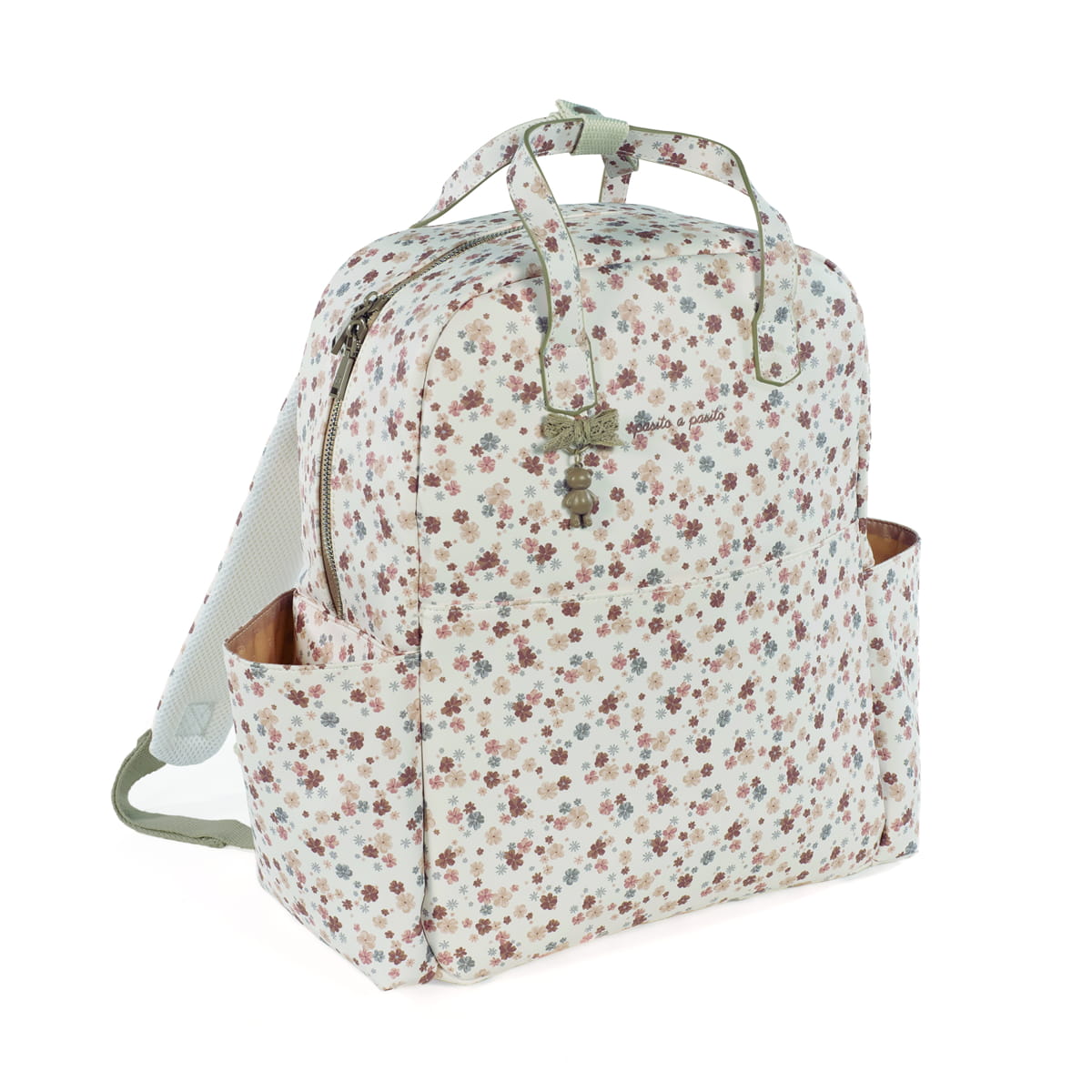 mochila branca com padrão floral castanho e verde e alças ajustáveis