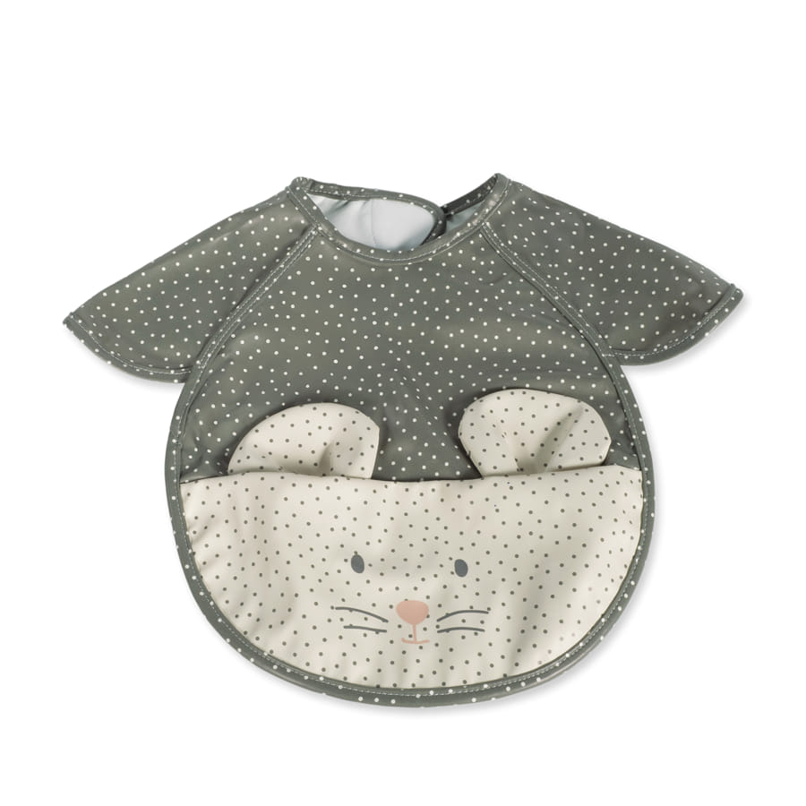Babete para bebé com padrão de estrelas pequenas e bolso frontal com rosto de rato