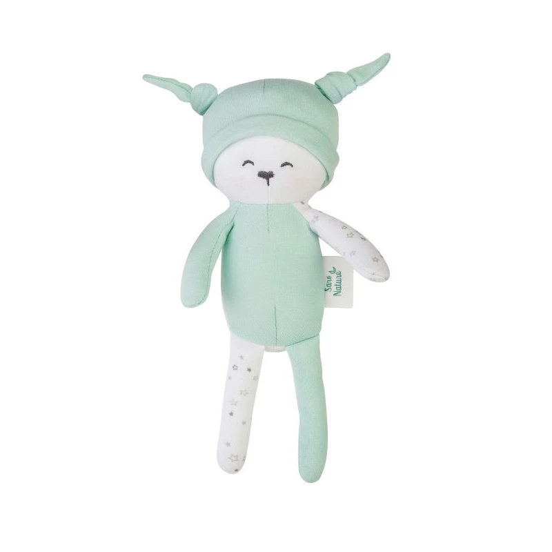 Boneco de peluche verde menta e branco com chapéu e estrelas cinzentas