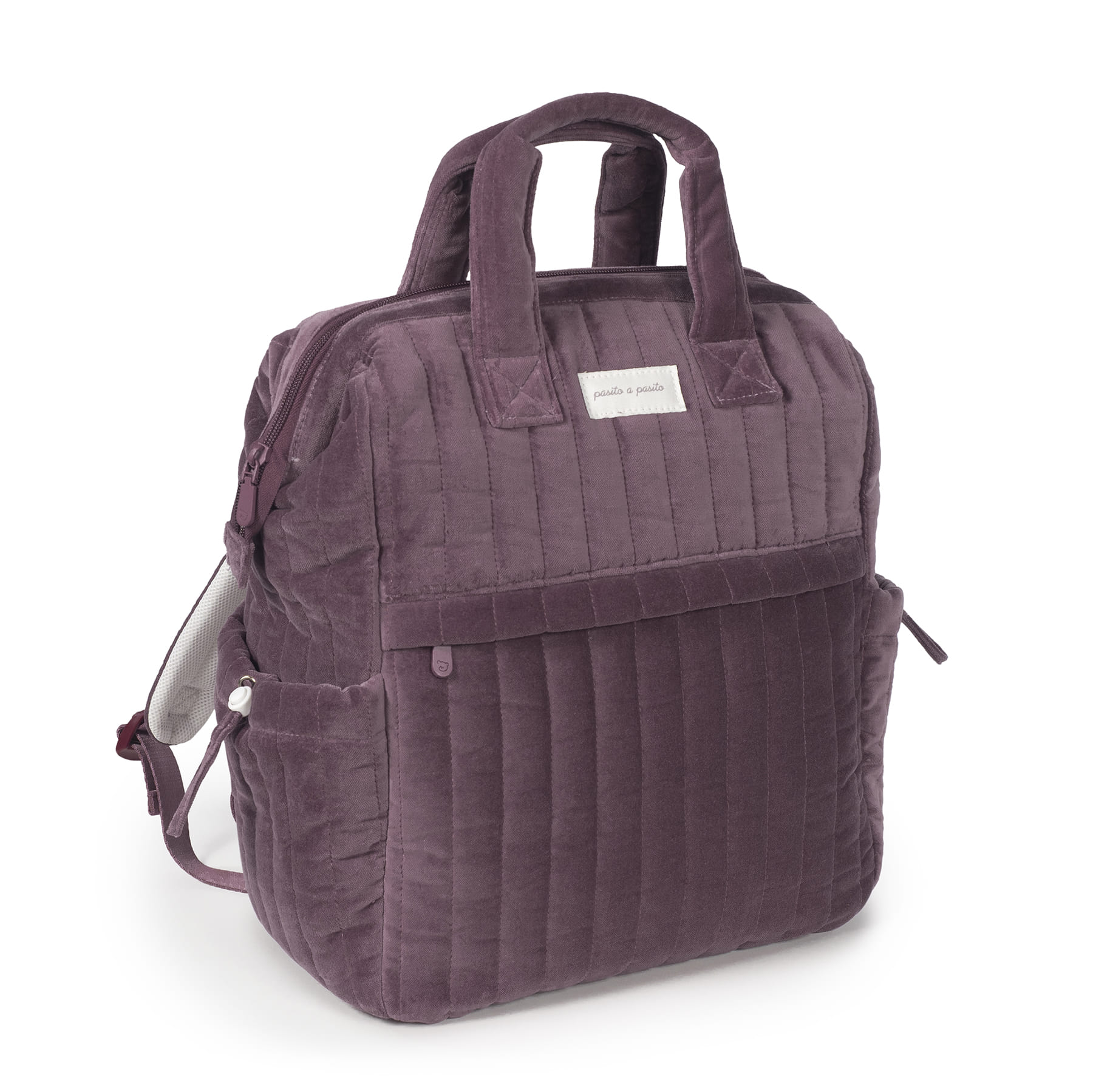 Mochila quadrada roxa acolchoada com alças e bolso frontal