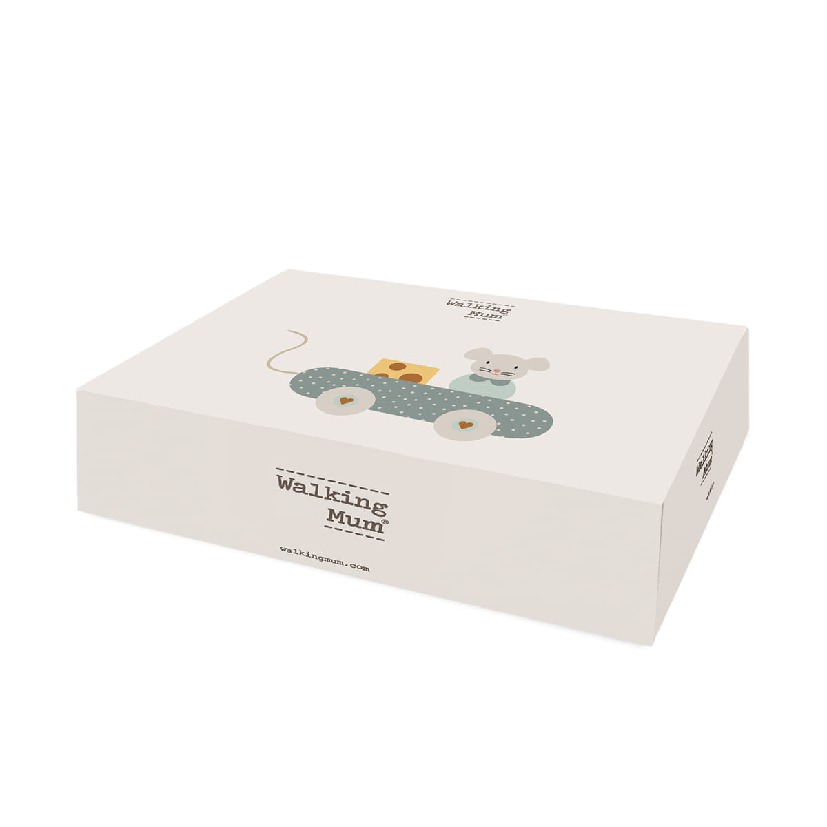 Caixa branca com ilustração de rato num carro e texto 'Walking Mum'