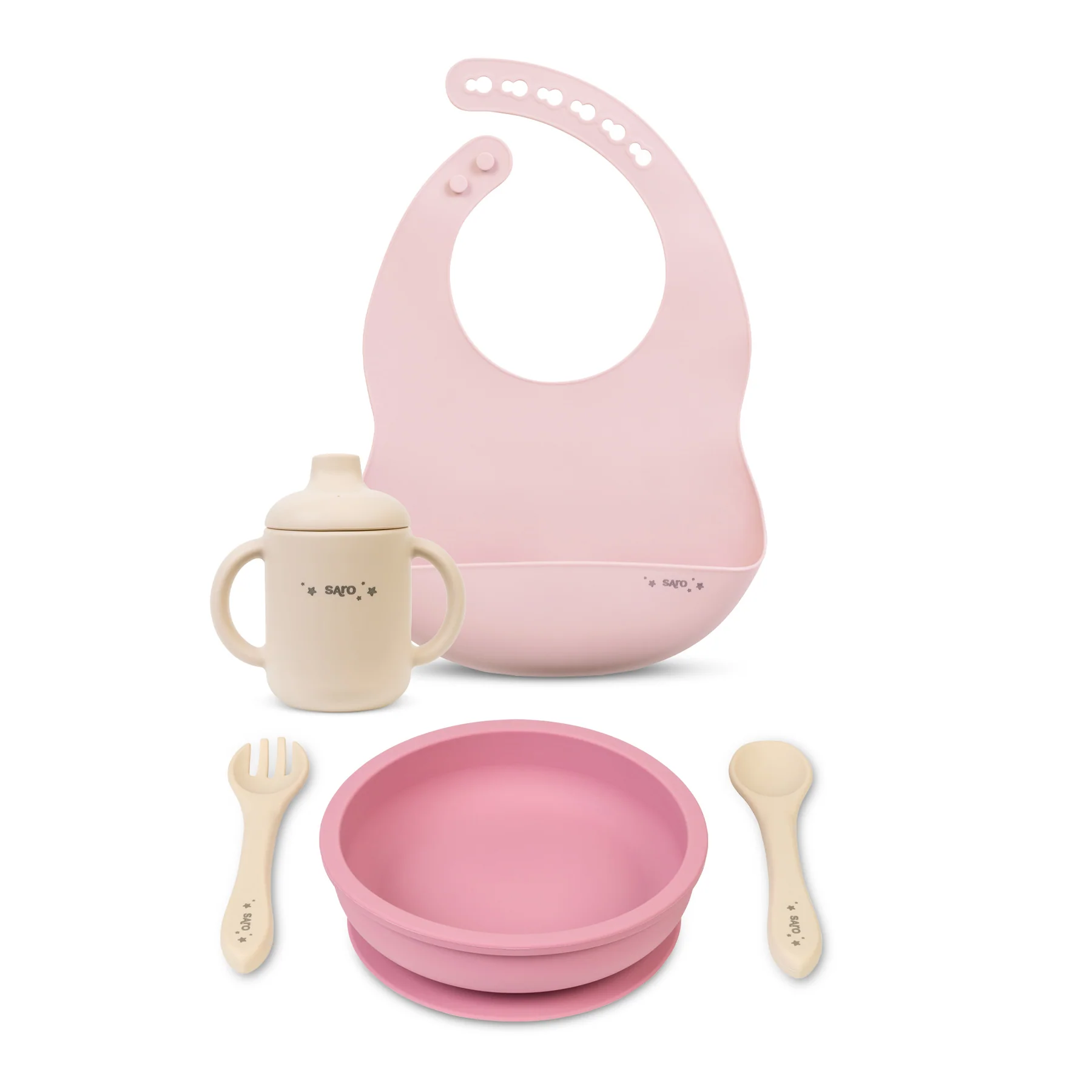 Conjunto de alimentação infantil rosa e bege com babete, copo, prato e talheres