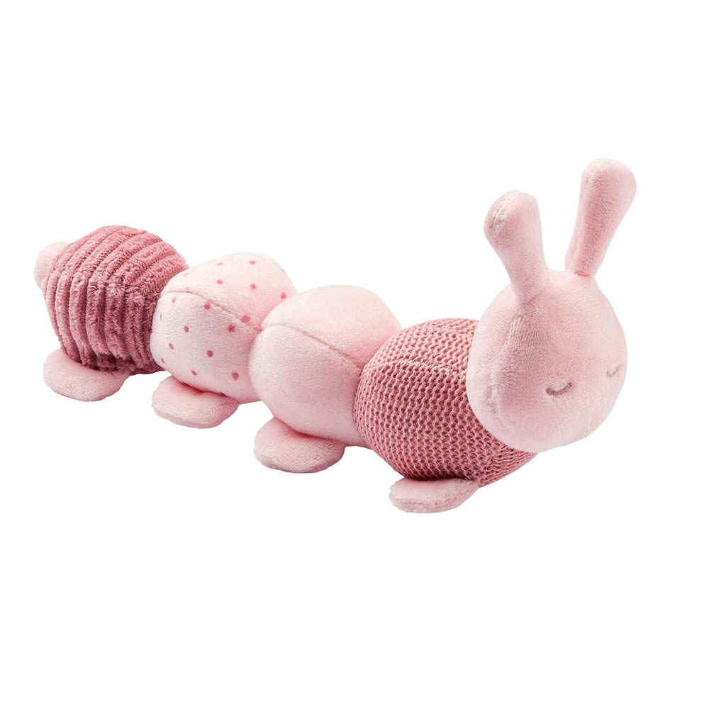 Brinquedo de peluche rosa em forma de lagarta com texturas variadas