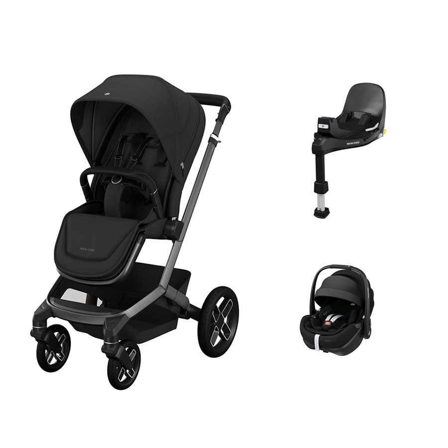 Carrinho de bebé preto com cadeira auto e base