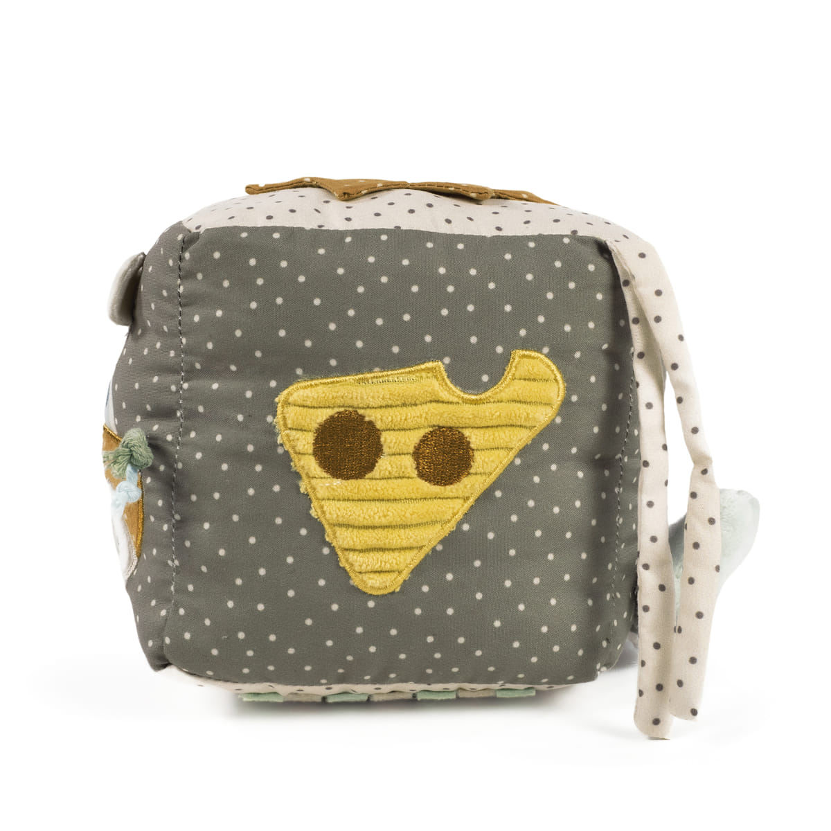Cubo de tecido cinza com bolinhas brancas e bordado de queijo amarelo