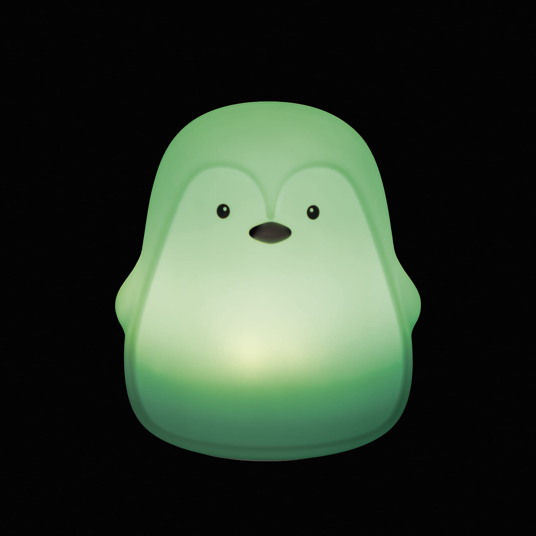 Luz de noite em forma de pinguim verde com olhos e bico pretos