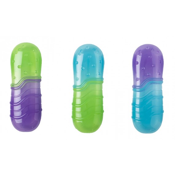 Brinquedos de dentição coloridos em forma de cápsulas, três unidades, plástico translúcido com texturas.