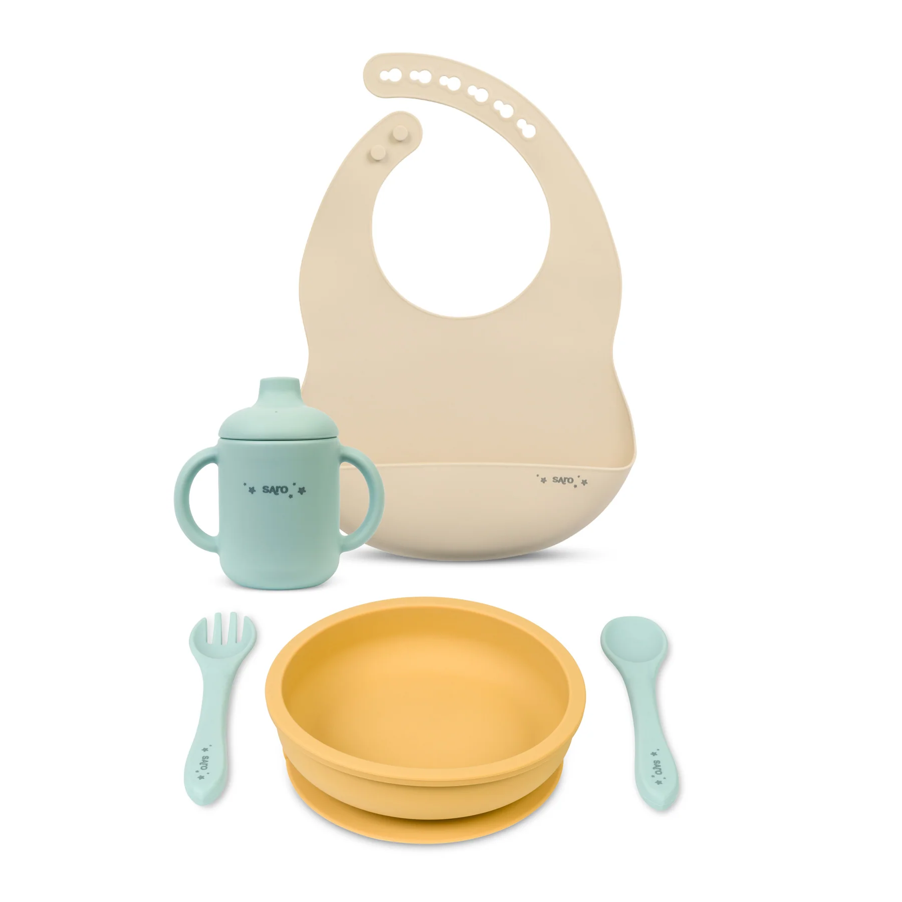 Conjunto de alimentação para bebé com babete, copo, taça, garfo e colher em silicone coloridos