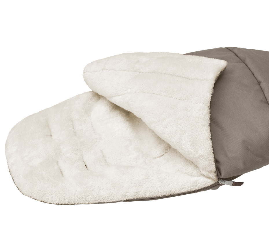 Saco de cama cinzento com interior felpudo branco e fecho