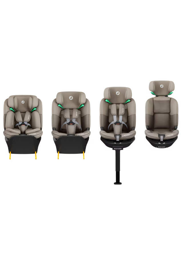 Cadeiras auto para crianças em bege e cinza com cintos e apoios ajustáveis em diferentes posições