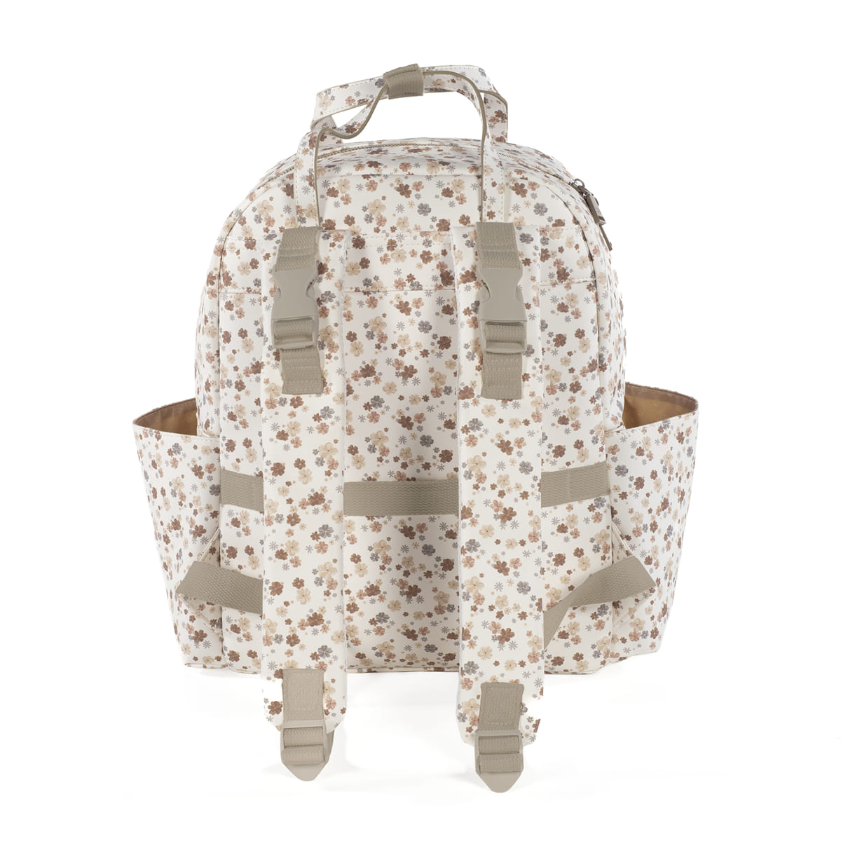 mochila branca com padrão floral e alças acolchoadas