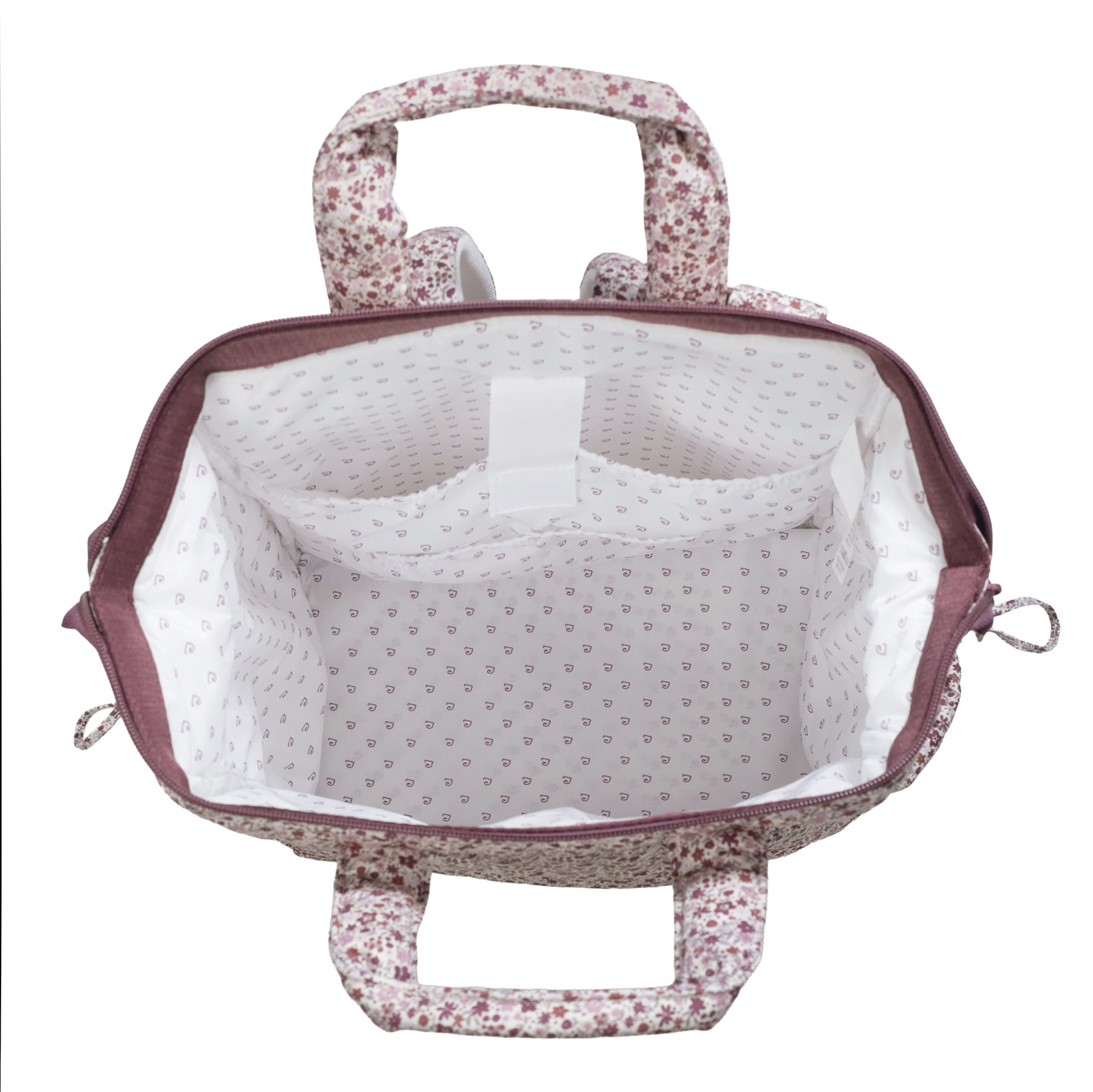 Bolsa de tecido floral com interior branco estampado e alças acolchoadas