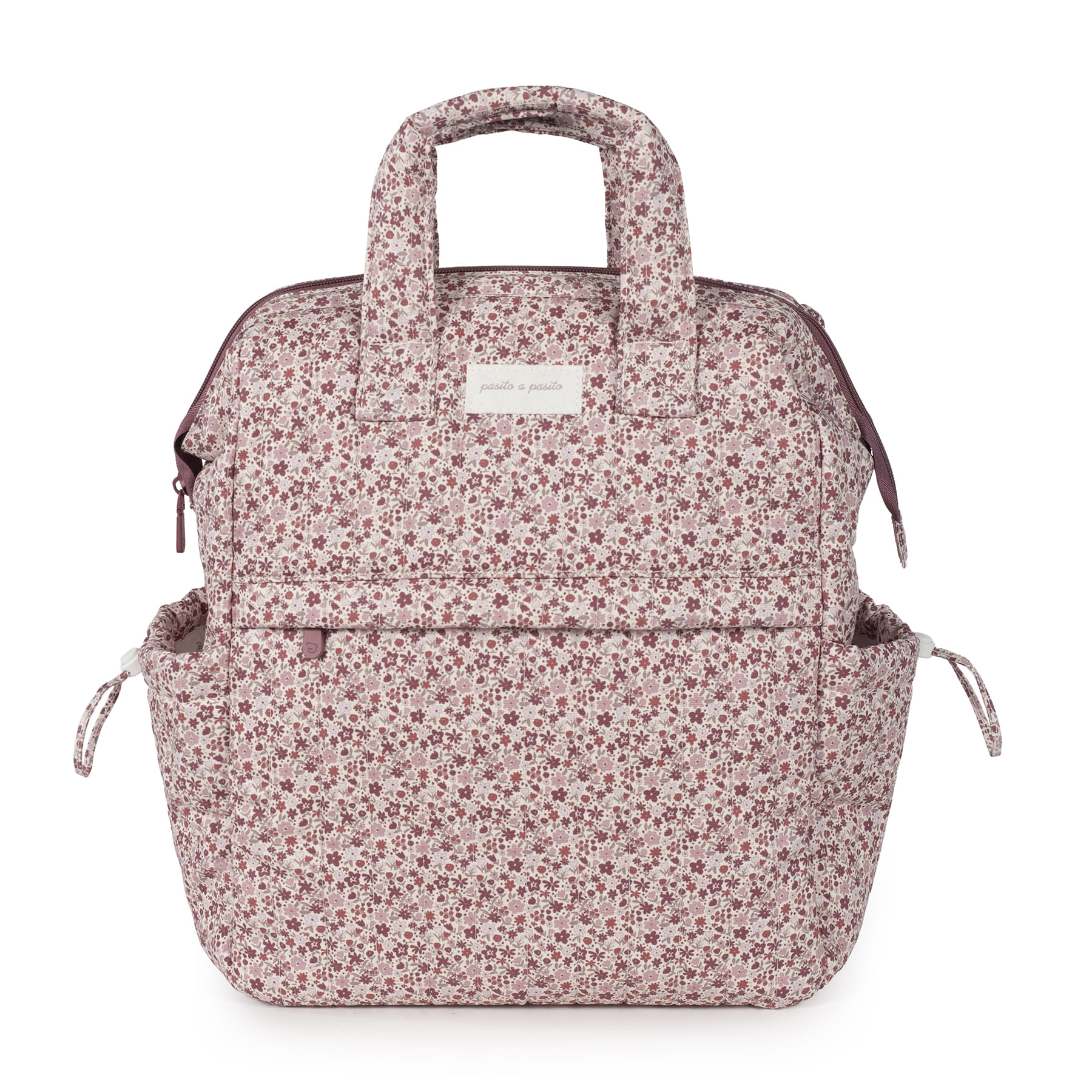 Mochila floral rosa e lilás com alças e bolsos